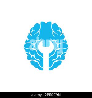 Brain repair vector logo design. Brain and wrench icon logo design. Stock Vector