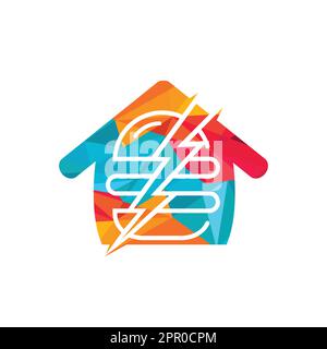 Thunder burger vector logo design. Burger with thunderstorm and home icon logo. Stock Vector