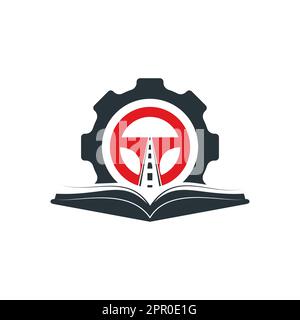 Driving school logo design. Steering wheel with Cog and book  icon. Stock Vector