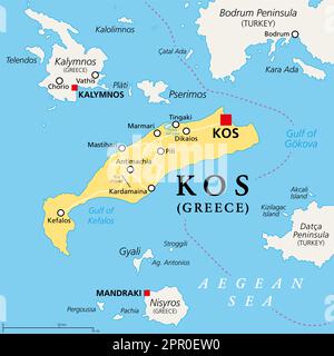 Kos, Greek island, political map. Also Cos, part of the Dodecanese Islands in the Aegean Sea, next to the Turkish Bodrum Peninsula. Stock Photo