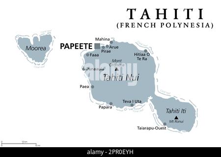 Tahiti, French Polynesia, gray political map. Largest island of the Windward group of the Society Islands, with capital Papeete. Stock Photo