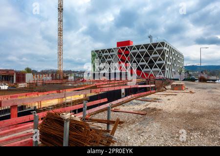 Stuttgart,Germany -April 07,2023: Bad Cannstatt This is a part of the construction site of the project Stuttgarter Hoefe.with a new,modern parking gar Stock Photo