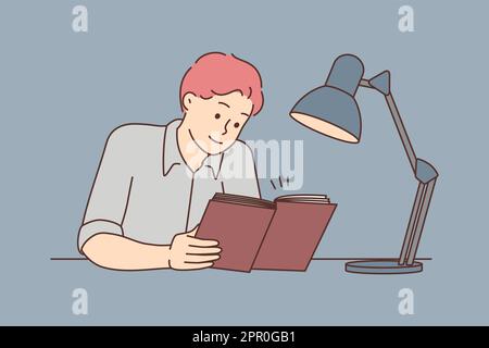 Young man sit at desk reading book Stock Vector