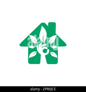 Creative green hand tree and house logo design. Natural home care logo. Spa logo. Beauty salon or yoga logo. Stock Vector
