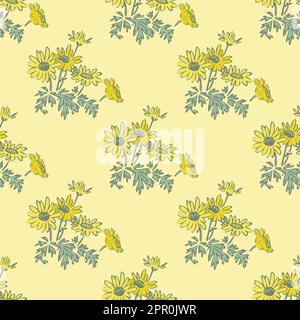 Bright blossom drawing botanical dandelion pattern, floral wallpaper. Cute flowers seamless background. Vector illustration graphic design for fashion, print, banner.Trendy yellow pastel colors Stock Vector