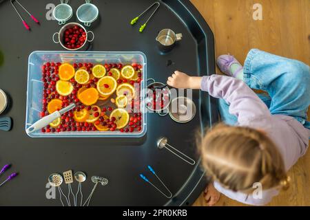 Little girl playing in handmade fruit bar with kitchenware, berries and citrus fruits. Sensory development and experiences, themed activities with Stock Photo