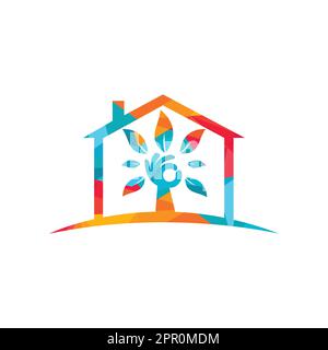 Creative green hand tree and house logo design. Natural home care logo. Spa logo. Beauty salon or yoga logo. Stock Vector