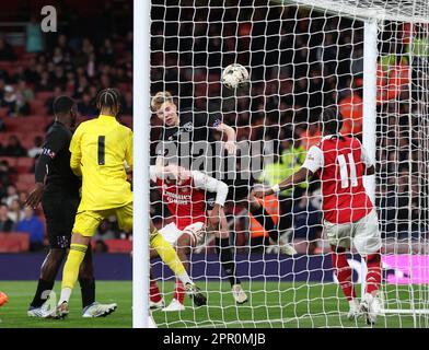 London, UK. 25th Apr, 2023. Kaelan Casey of West Ham scoring his sides fourth goal during the The FA Youth Cup match at the Emirates Stadium, London. Picture credit should read: David Klein/Sportimage Credit: Sportimage Ltd/Alamy Live News Stock Photo