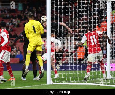 London, UK. 25th Apr, 2023. Kaelan Casey of West Ham scoring his sides fourth goal during the The FA Youth Cup match at the Emirates Stadium, London. Picture credit should read: David Klein/Sportimage Credit: Sportimage Ltd/Alamy Live News Stock Photo