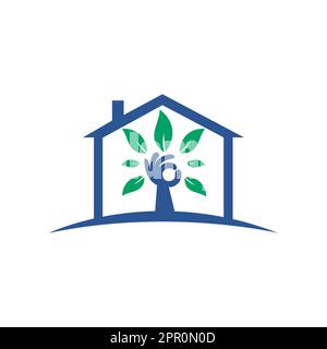 Creative green hand tree and house logo design. Natural home care logo. Spa logo. Beauty salon or yoga logo. Stock Vector