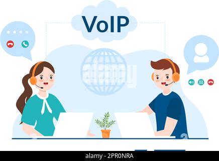 VOIP or Voice Over Internet Protocol with Telephony Scheme Technology and Network Phone Call Software in Template Hand Drawn Cartoon Flat Illustration Stock Vector