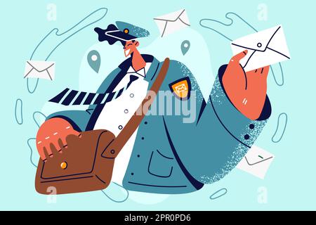 Smiling postman with letters in hands Stock Vector