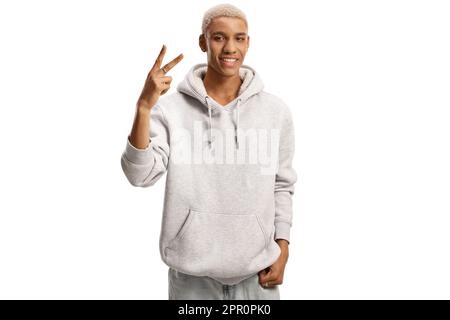 African american young male with blanched hair gesturing peace sign isolated on white background Stock Photo