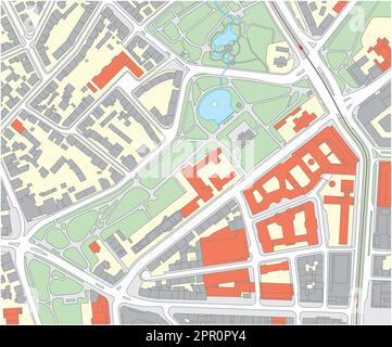 Imaginary cadastral map of an area with buildings and streets Stock Vector