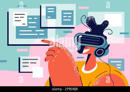 Smiling person in VR glasses explore technology Stock Vector