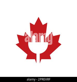 Maple Leaf with electrical power cord vector logo design. Canada electric logo concept. Stock Vector