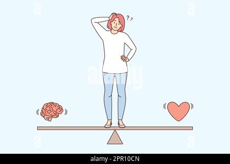 Confused woman choose between brain and heart Stock Vector