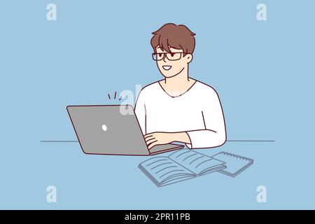 Smiling man sit at desk work on laptop Stock Vector