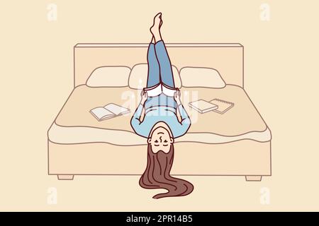 Happy woman lying on bed reading book Stock Vector