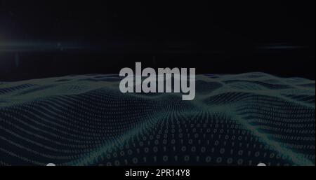 Image of binary coding and light trails over black background Stock Photo