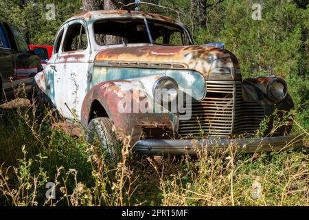 An old vintage abandoned decaying automobile in a field in British Columbia, Canada. Stock Photo