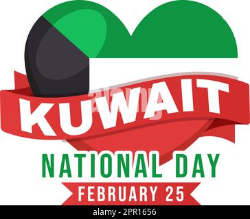 National Kuwait Day on February 25th with Waving Flag and Independence Celebration in Flat Cartoon Hand Drawn Templates Illustration Stock Vector