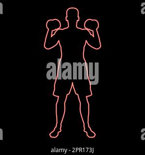 Neon man doing exercises with dumbbells sport action male workout silhouette front view icon red color vector illustration image flat style Stock Vector