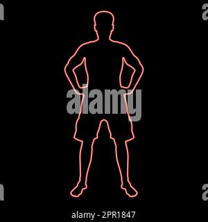 Neon man holding hands on belt confidence concept silhouette serious master of the situation front view icon red color vector illustration image flat style Stock Vector