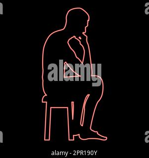 Neon thinking man sitting on a stool silhouette icon red color vector illustration image flat style Stock Vector