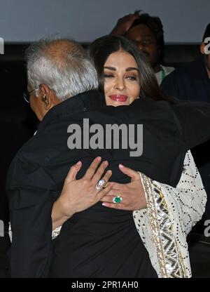 Mumbai, India. 25th Apr, 2023. Indian film director Mani Ratnam and Bollywood actress Aishwarya Rai Bachchan embrace before the press conference of their upcoming film Ponniyin Selvan (PS-2) in Mumbai. The film will release in theaters on 28th April 2023 in Tamil, Telugu, Malayalam, Kannada and Hindi languages. Credit: SOPA Images Limited/Alamy Live News Stock Photo