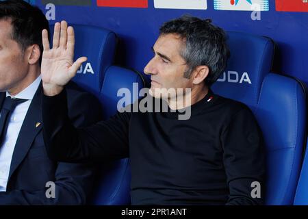 BARCELONA - APR 8: The coach Ernesto Valverde in action at the LaLiga match between RCD Espanyol and Athletic Club de Bilbao at the RCDE Stadium on Ap Stock Photo