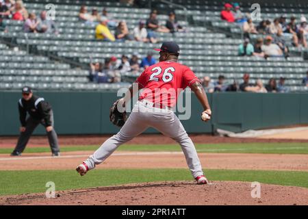 April 22 2023: Reno pitcher Raffi Vizcaino (26) throws a pitch during the  game with Reno Aces and Salt Lake Bees held at Smiths Fiield in Salt Lake  Ut. David Seelig/Cal Sport