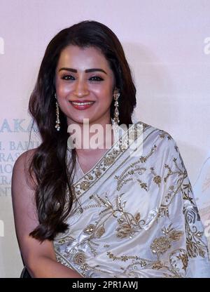 Mumbai, India. 25th Apr, 2023. Indian actress and model Trisha Krishnan is seen during the press conference of her upcoming film Ponniyin Selvan (PS-2) in Mumbai. The film will release in theaters on 28th April 2023 in Tamil, Telugu, Malayalam, Kannada and Hindi languages. Credit: SOPA Images Limited/Alamy Live News Stock Photo
