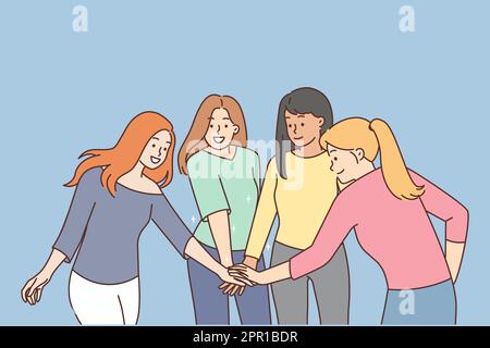 Smiling girls join hands show unity Stock Vector