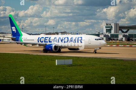 London, UK, April 7th, 2023. An Icelandair Airline aircraft at the runway of London Gatwick Airport in a sunny day. Stock Photo