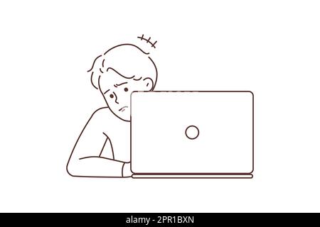 Unhappy man work on laptop have problems Stock Vector