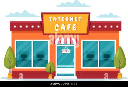 Internet Cafe Building for Playing Games, Workplace use a Laptop, Talking and Drinking in Flat Cartoon Hand Drawn Templates Illustration Stock Vector