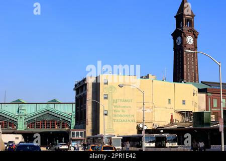 NJ Transit Hoboken Terminal, Hoboken, New Jersey. An multimodal transit center combining ferry, commuter rail, bus, light rail, subway, bike, taxis. Stock Photo