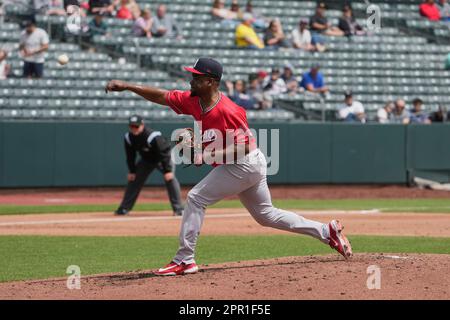 April 22 2023: Reno pitcher Raffi Vizcaino (26) throws a pitch during the  game with Reno Aces and Salt Lake Bees held at Smiths Fiield in Salt Lake  Ut. David Seelig/Cal Sport