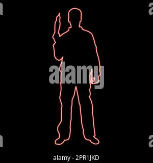 Neon repairman master man in overalls with tool in his hands electric drill View with front red color vector illustration image flat style Stock Vector
