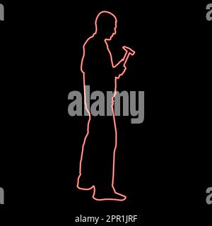 Neon repairman master man in overalls with tool in his hands hammer red color vector illustration image flat style Stock Vector