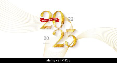 illustration 2023 golden lines background with red ribbons for desk or wall calendar planner, greeting cards, invitation, banner, flyer, screen printing, poster, Presentations and deck, Collages print Stock Vector