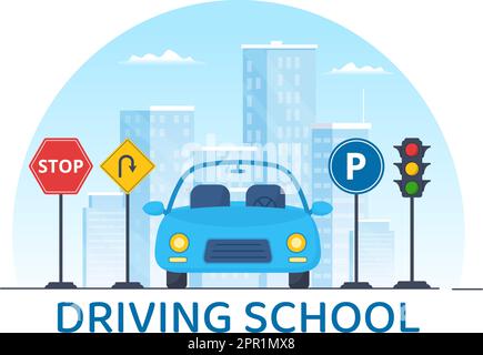 Driving School with Education Process of Car Training and Learning to Drive to Get Drivers License in Flat Cartoon Hand Drawn Templates Illustration Stock Vector