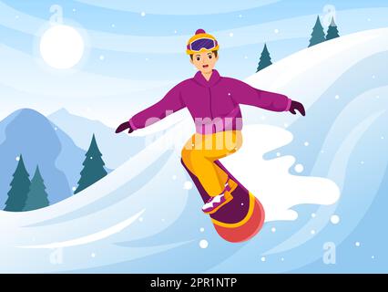 Snowboarding with People Sliding and Jumping on Snowy Mountain Side or Slope Inside Flat Cartoon Hand Drawn Templates Illustration Stock Vector