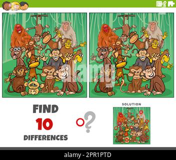 Cartoon illustration of finding the differences between pictures educational game with funny monkeys characters Stock Vector