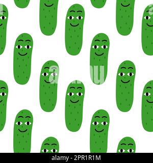 Funny doodle cucumbers with faces seamless pattern on white background. Veggies cute wallpaper illustration. Stock Vector