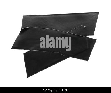 Pieces of black insulating tape isolated on white, top view Stock Photo