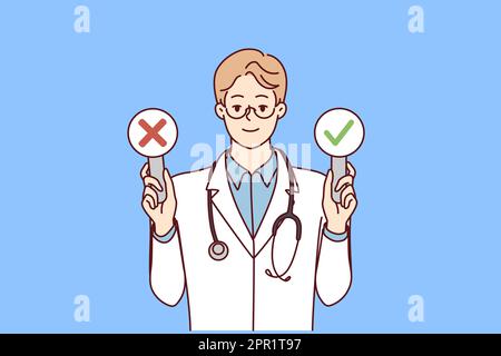 Man doctor with stethosop around neck demonstrates signs with check mark and cross. Vector image Stock Vector