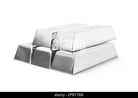 Many shining silver bars isolated on white Stock Photo