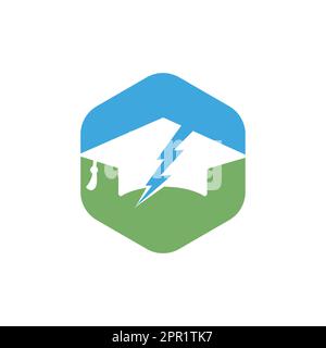 Flash student vector logo template. Education logo with graduation cap and thunder icon. Stock Vector